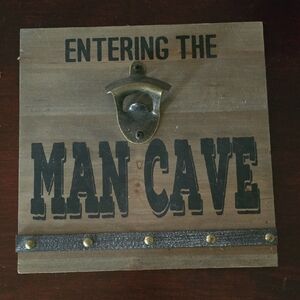 Man Cave Wall Bottle Opener Sign - Wood and Brass